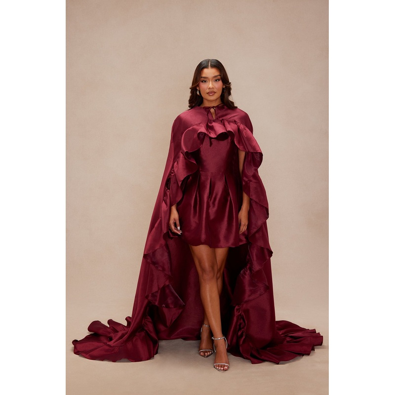 Chic Drama 2 Piece Cape Mini Dress Set – Burgundy