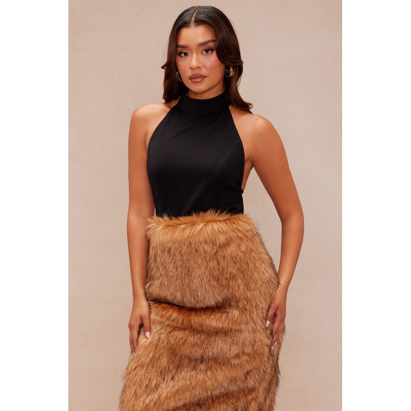 Clairese Backless Faux Fur Mini Dress – Brown/combo