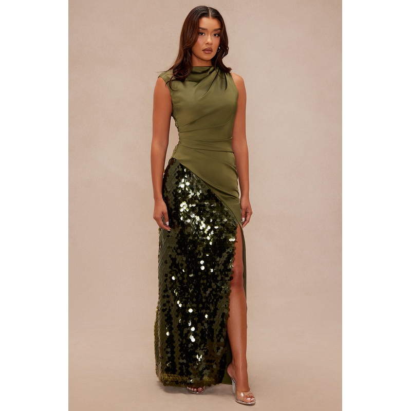 Clairese Satin Sequin Maxi Dress – Olive