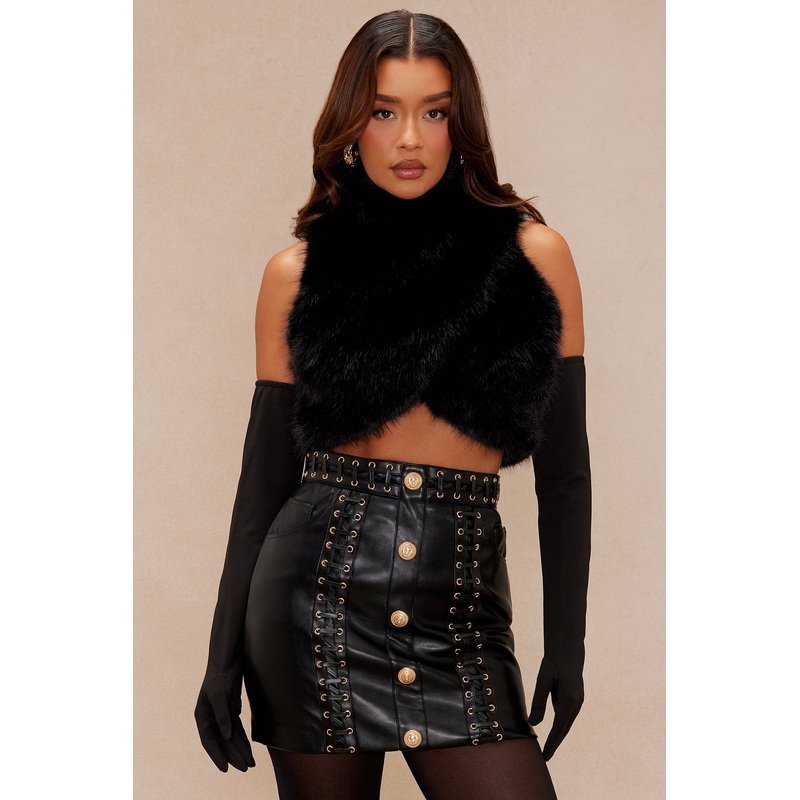 Divine Drama Cropped Faux Fur Top – Black