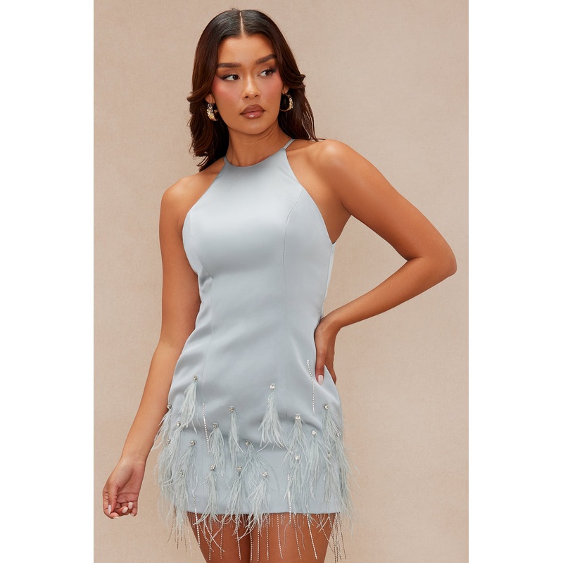 Dreamiest One Feathered Mini Dress – Slate Blue