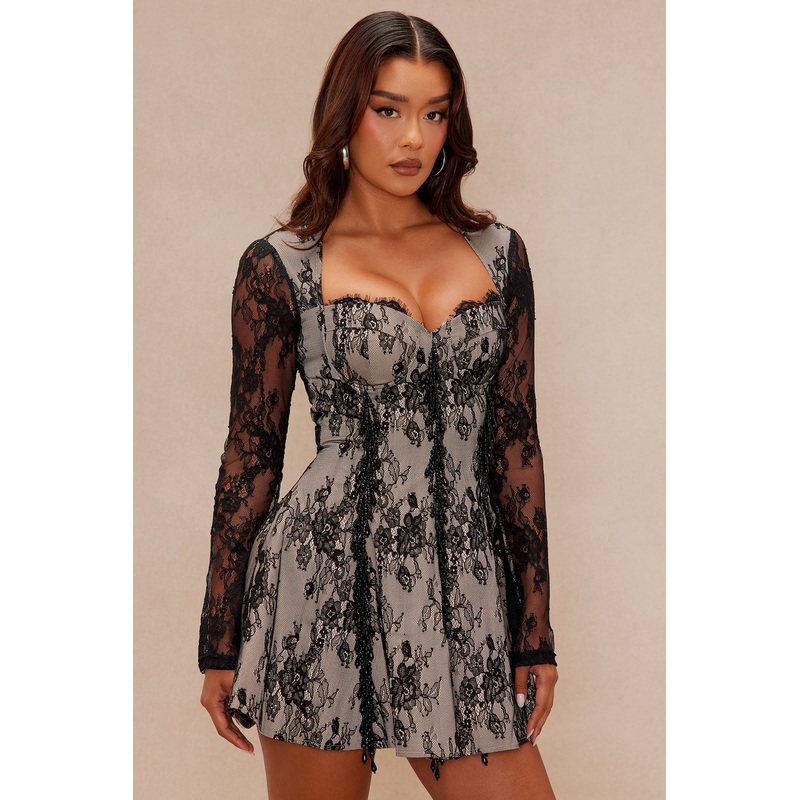 Elizabeth Lace Mini Dress – Black