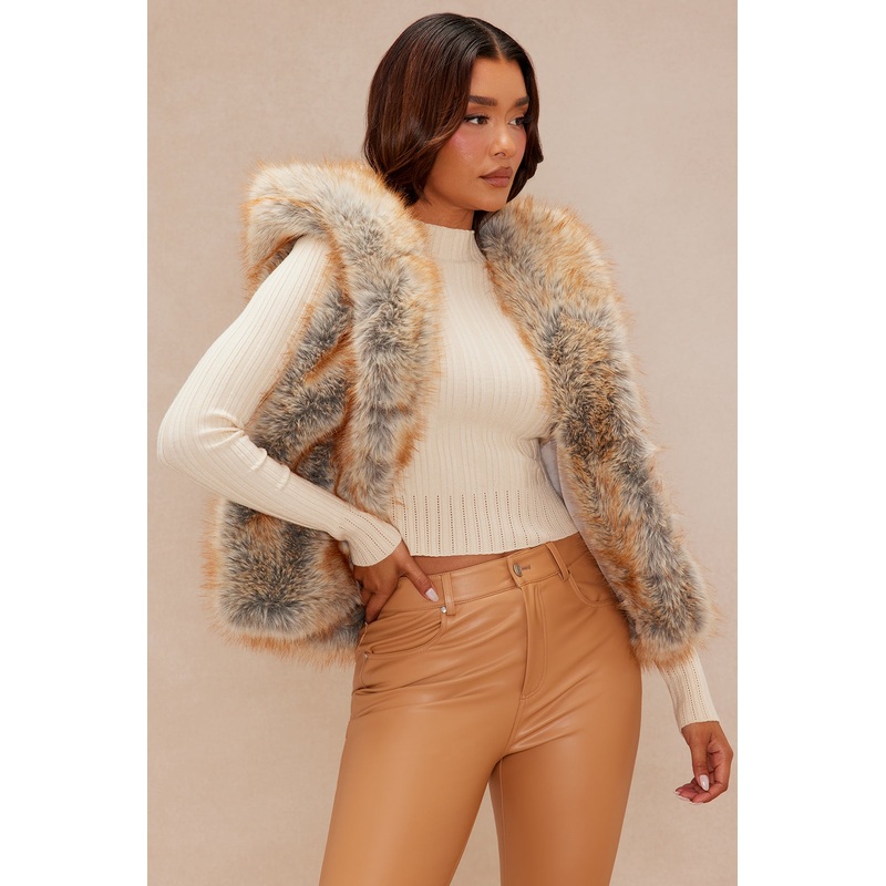 Raven Faux Fur Hooded Vest – Camel/combo