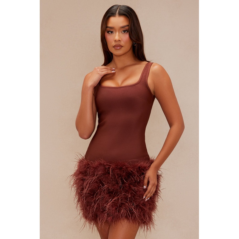 Remember Me Fur Trim Bandage Mini Dress – Brown