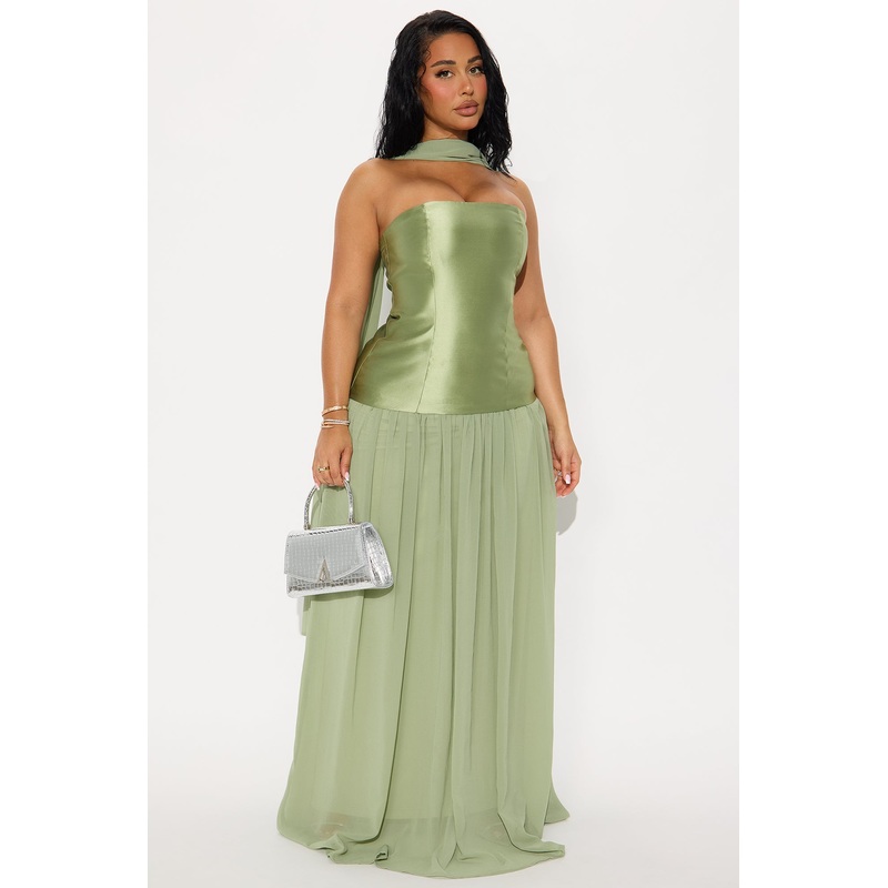 Wildly Graceful Satin Scarf Gown – Sage