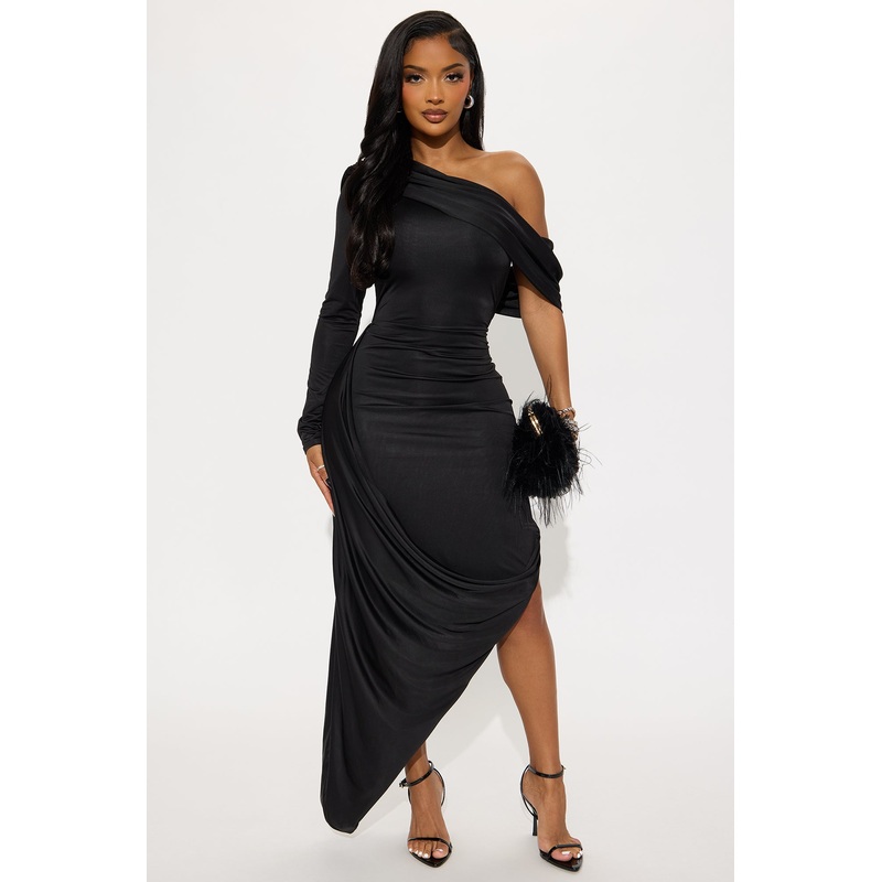 Worth The Wait Draped Maxi Dress – Black