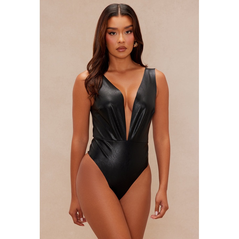 Zora Faux Leather Bodysuit – Black
