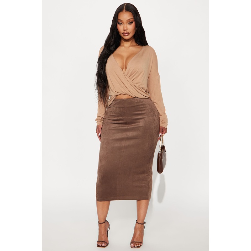 Aria Faux Suede Slit Midi Skirt – Chocolate