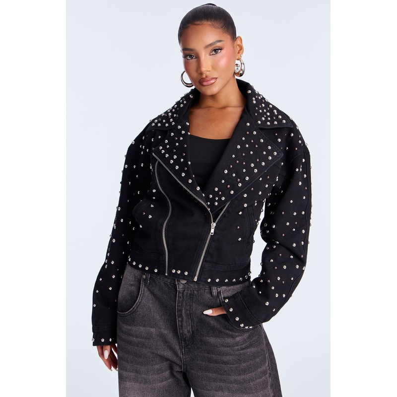 Backstage Studded Denim Moto Jacket – Black