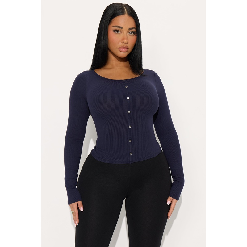 Daniella Ribbed Button Up Long Sleeve Top – Navy
