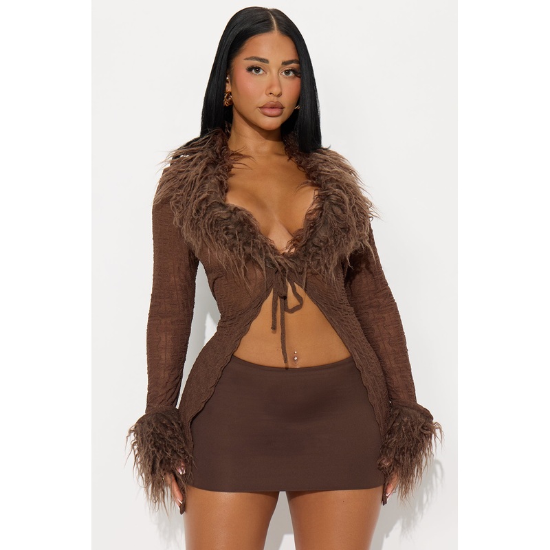 Diva Down Fur Trim Flyaway Top – Brown