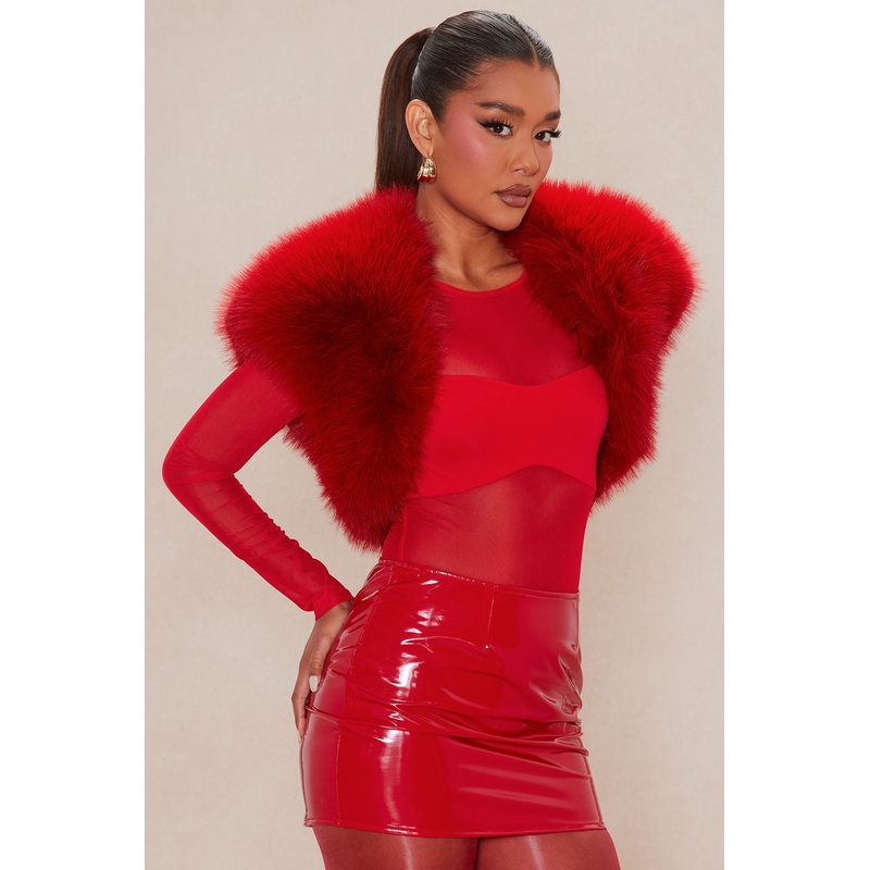 Raya Faux Fur Shrug – Red