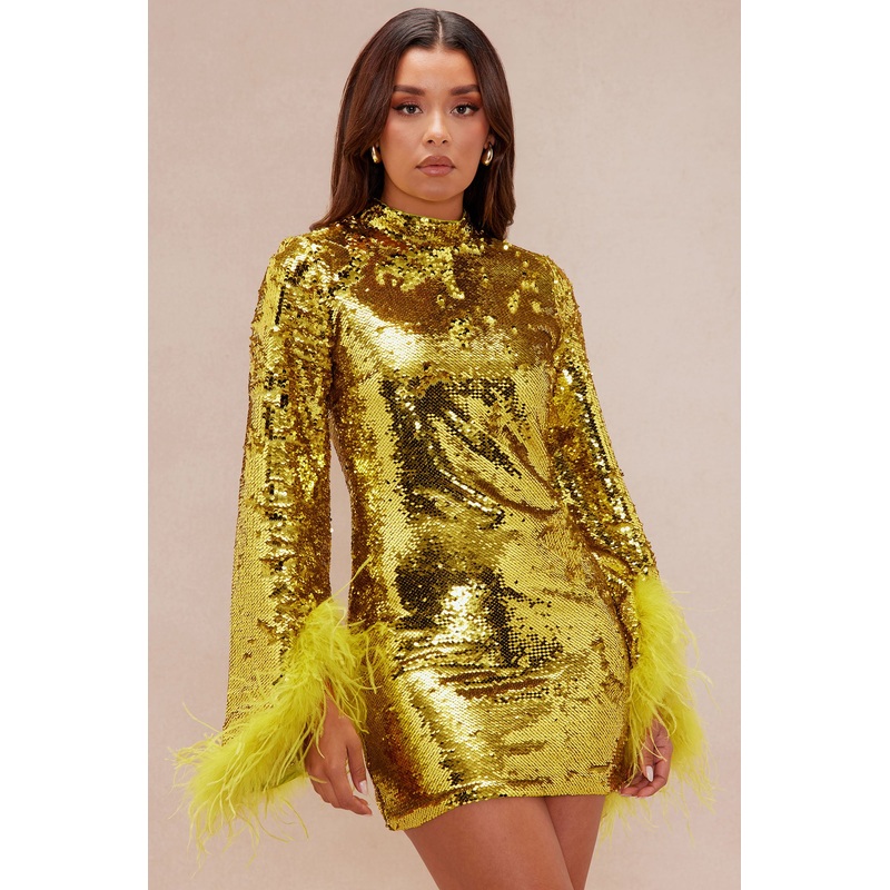 Robyn Sequin Feathered Long Sleeve Mini Dress – Chartreuse