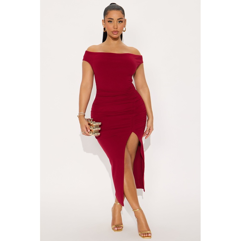 Ashley Off Shoulder Ruched Midi Dress – DarkRed