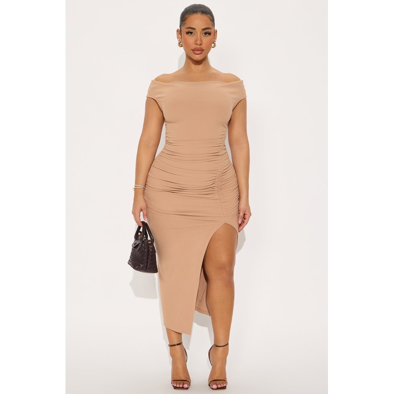 Ashley Off Shoulder Ruched Midi Dress – Mocha