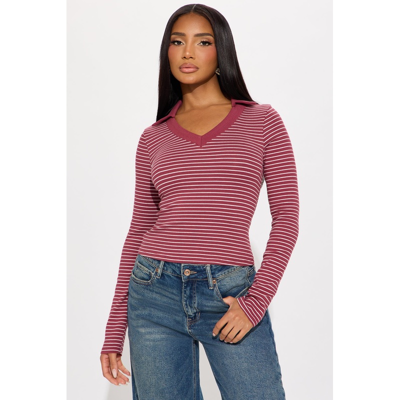 Cassandra Striped Long Sleeve Top – Wine