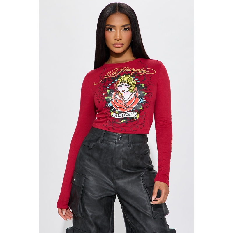 Ed Hardy Koi Long Sleeve Baby Tee – Burgundy