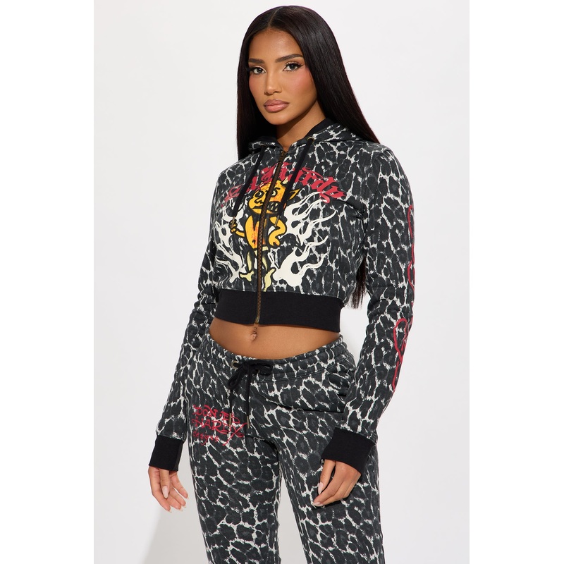 Ed Hardy Leopard Devil Zip Front Hoodie – Black