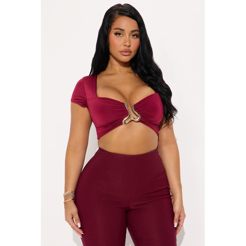 Hot Stuff Ruched Short Sleeve Bra Top – Burgundy