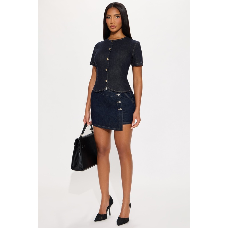 Push My Buttons Denim Rigid Wrap Mini Skirt – Rinse Blue Wash