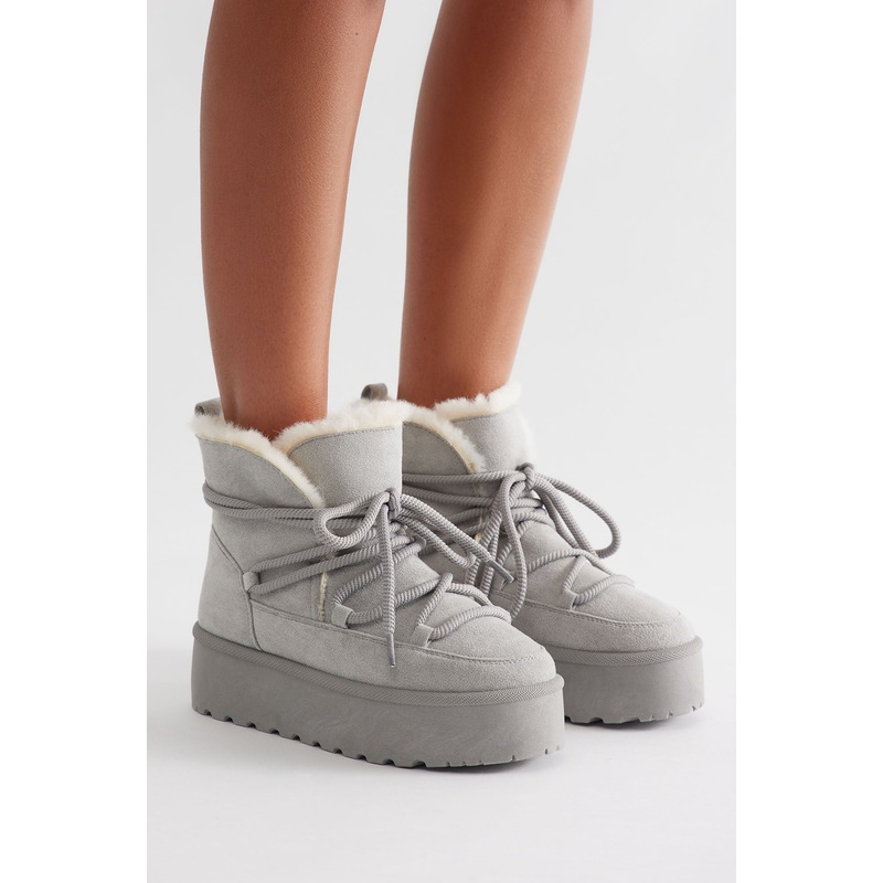 Snow Ball Fur Trim Platform Booties – Grey