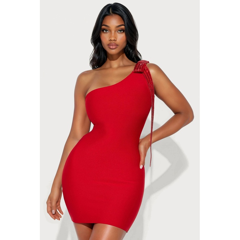 Annelise One Shoulder Bandage Mini Dress – Red