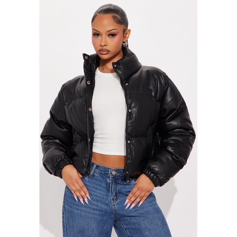 Big Dreams Faux Leather Puffer Jacket – Black