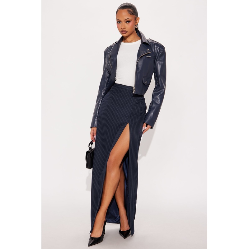 Briefcase Baddie Pinstripe Maxi Skirt – Navy/combo