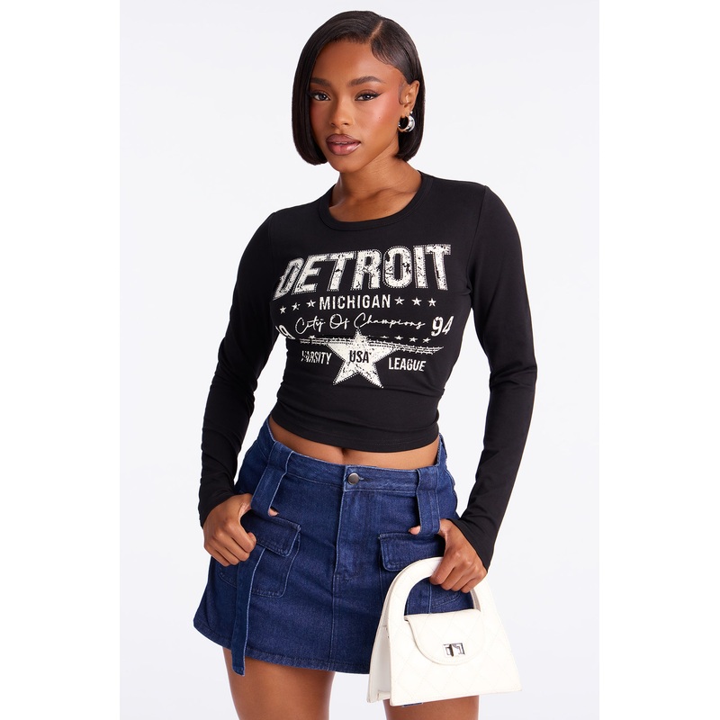 Detroit Long Sleeve Fitted Baby Tee – Black