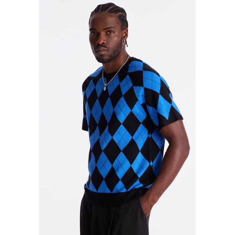 Seymour Argyle Knit Tee – Blue/combo