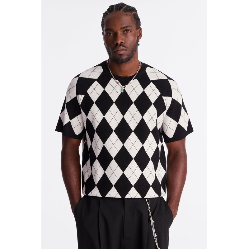 Seymour Argyle Knit Tee – Cream/combo