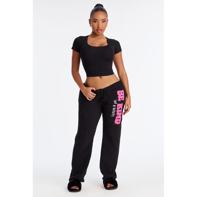 Be Kind Embroidered Sherpa PJ Pants – Black
