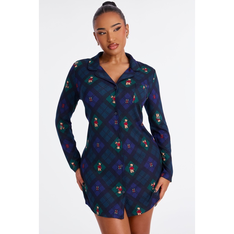 Beary Cute Matching Family Long Sleeve PJ Sleep Shirt – Navy/combo