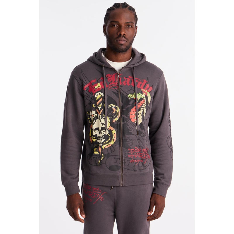 Ed Hardy Skull Panther Zip Up Hoodie – Charcoal