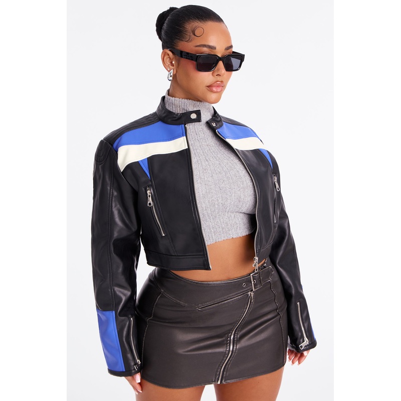 Aero Speed Cropped Faux Leather Moto Jacket – Black/combo