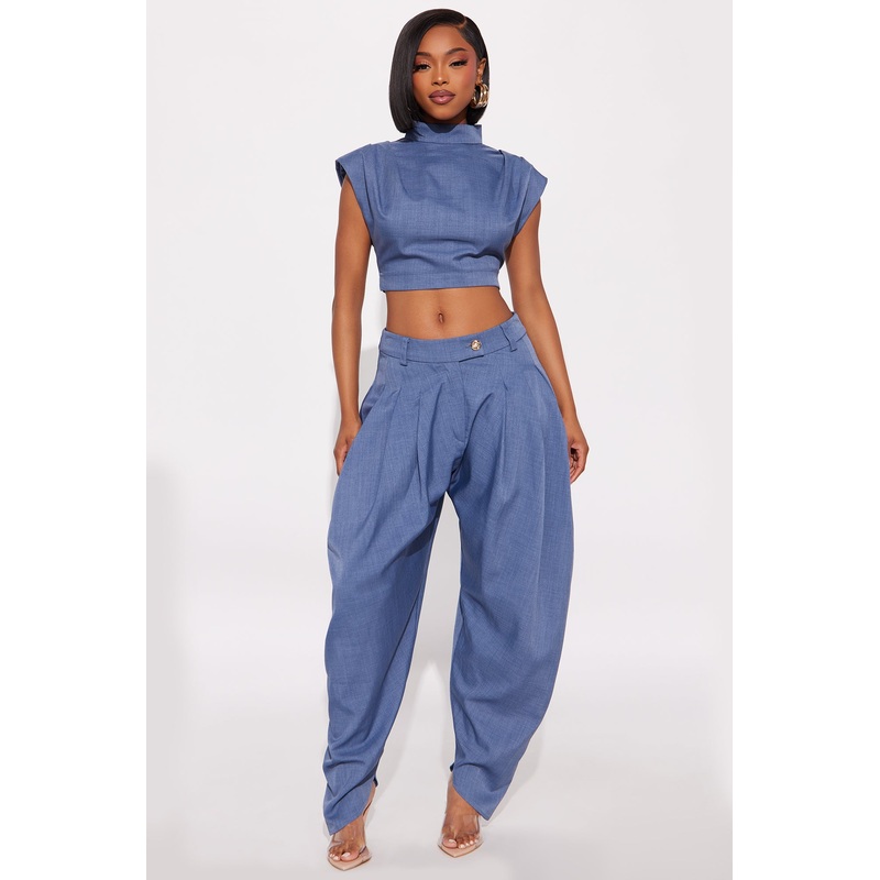 Amelia Pleated Barrel Leg Pant Set – Blue