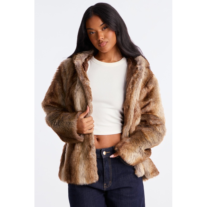 About The Drama Hooded Faux Fur Trench – Brown/combo