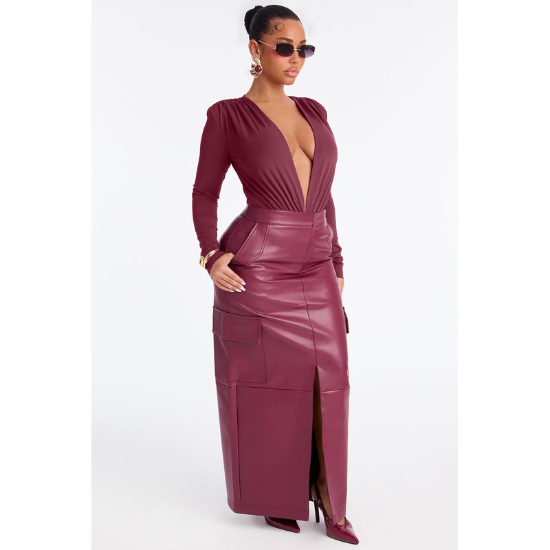 Can’t Compare Faux Leather Cargo Maxi Skirt – Wine