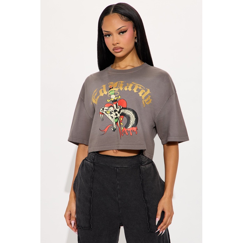 Ed Hardy Snake Heart Cropped Tee – Grey