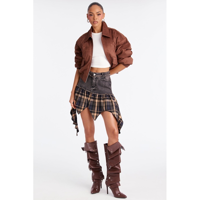 Jessica Cropped Faux Suede Bomber Jacket – Brown