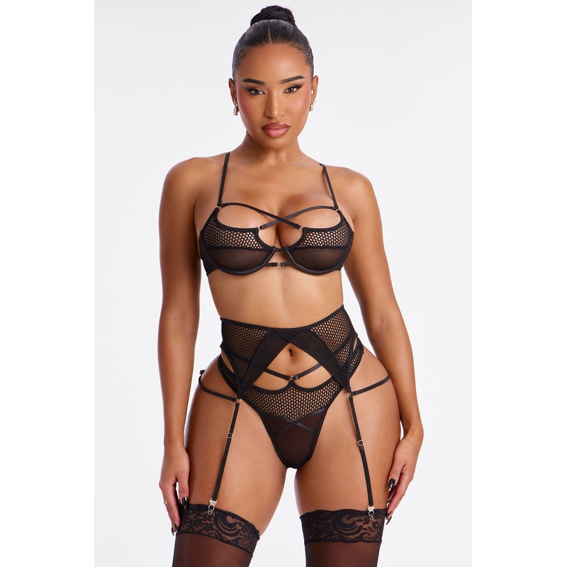 All I Know 3 Piece Mesh Bra And Garter Belt Panty Set – Black