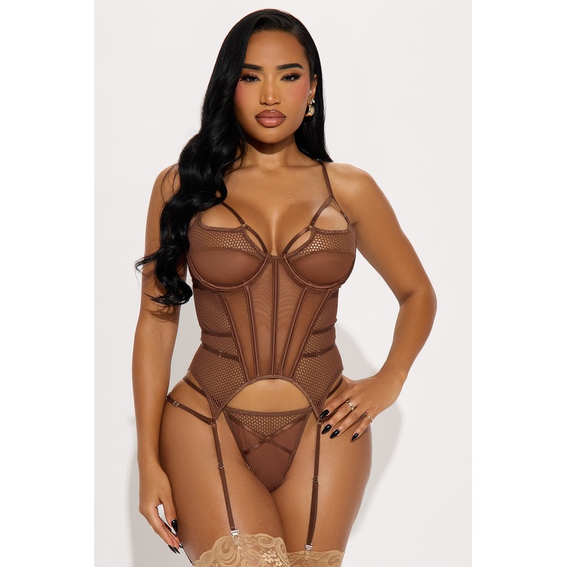 Always Desire Me 2 Piece Mesh Corset And Panty Set – Brown