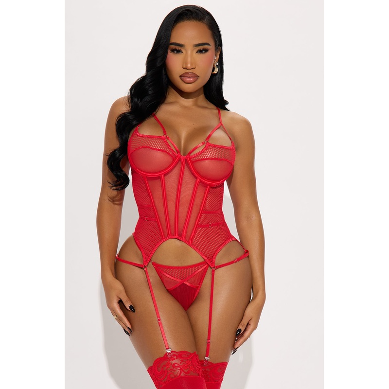 Always Desire Me 2 Piece Mesh Corset And Panty Set – Red