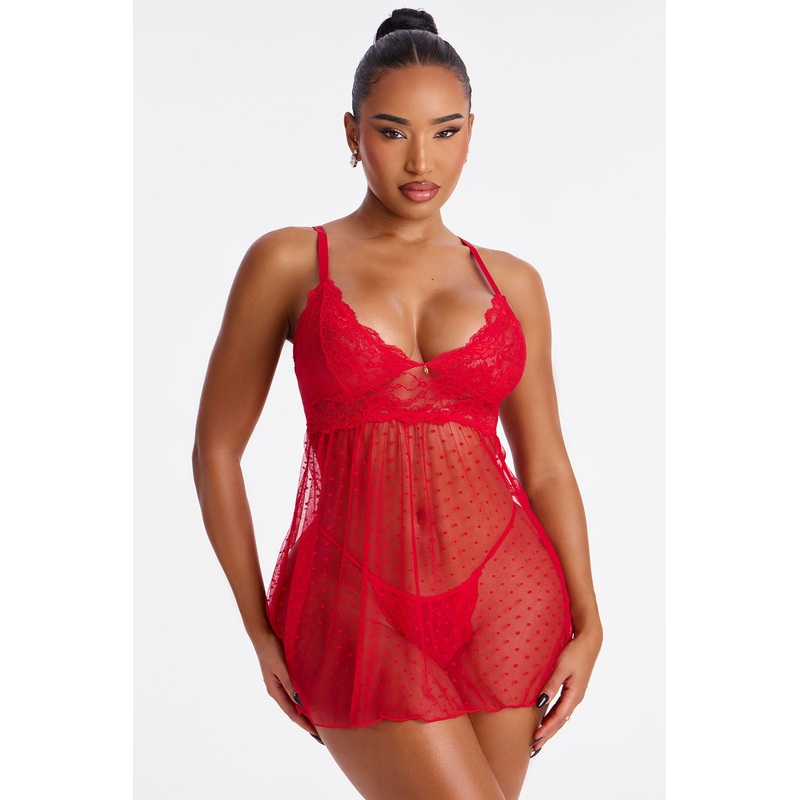 Bedtime Sheer Lace Trim Mini Babydoll – Red