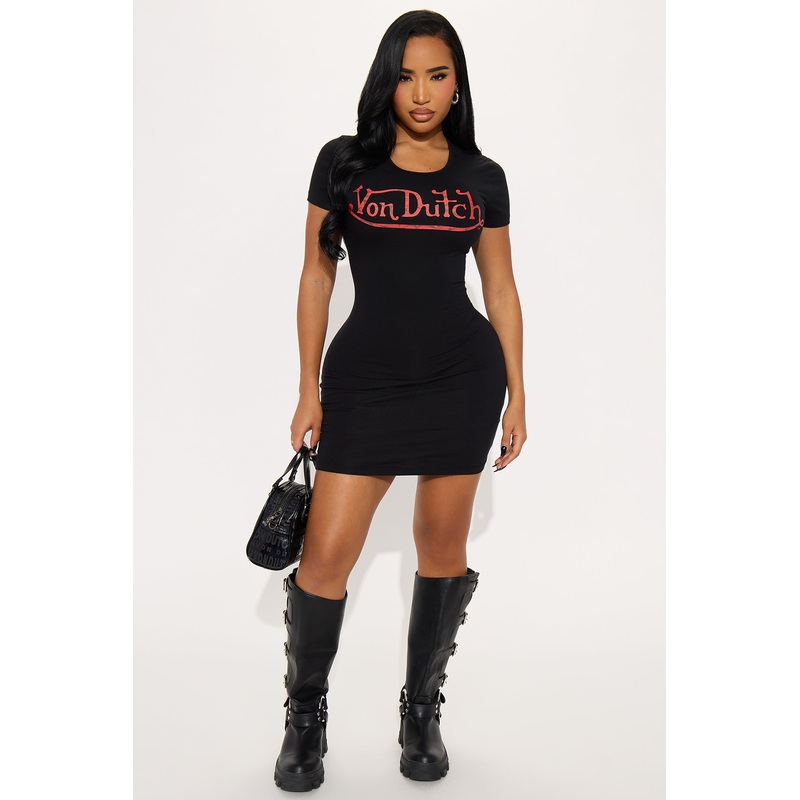 Von Dutch Flames Long Sleeve Mini Dress – Black/Red