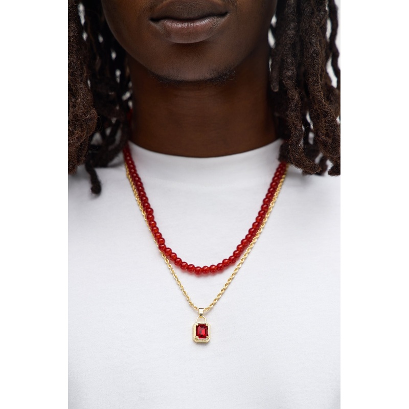 Gemstone Pendant Beaded Necklace Set – Gold/combo