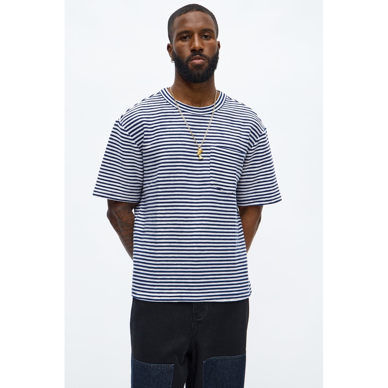 Rib Textured Stripe Relaxed Tee – Blue/combo