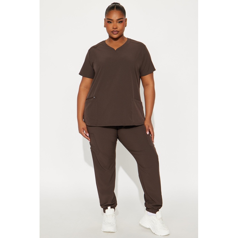 Sweetheart V-Neck With Zipper Storage Pocket Jogger Set – Chocolate