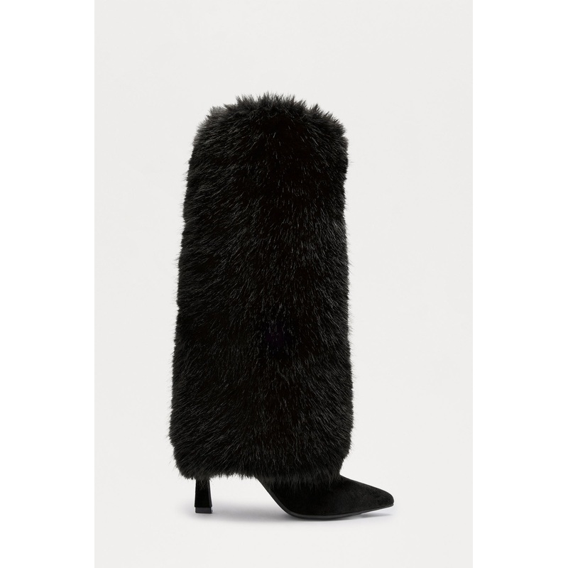 Tye Faux Fur Overlay Boots – Black