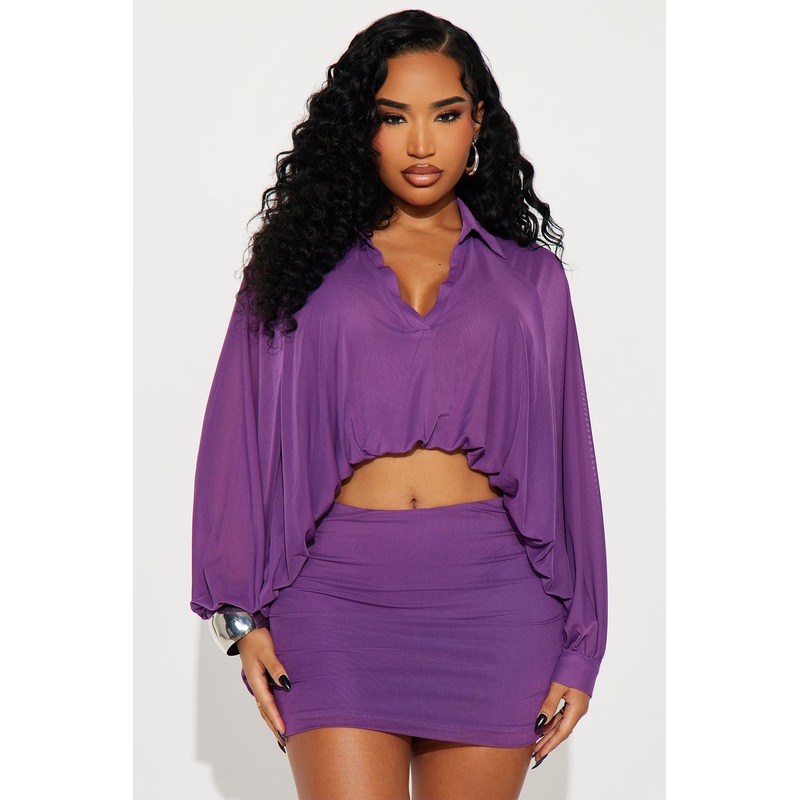 After Hours Mesh Bubble Hem Blouse Skirt Set – Purple